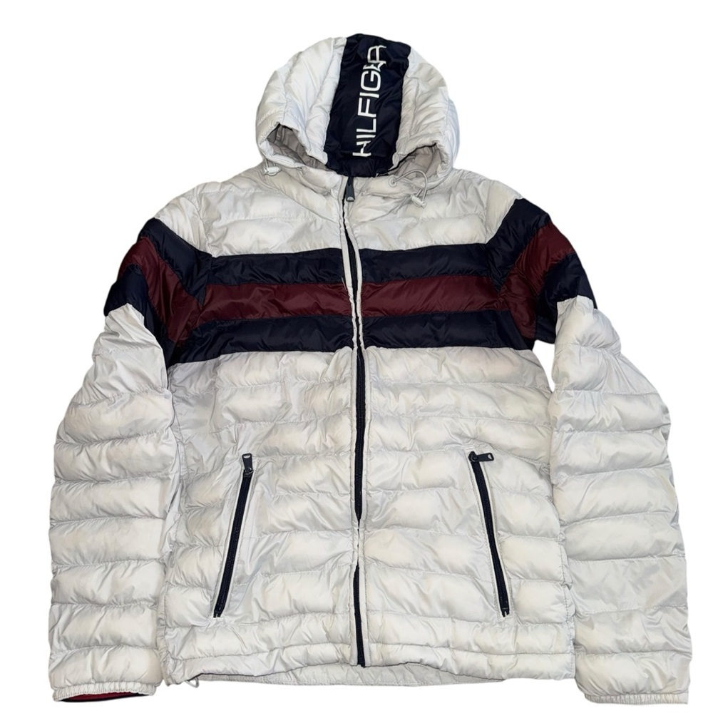 Tommy Hilfiger Women’s White Colorblock Puffer Jacket XS Hooded